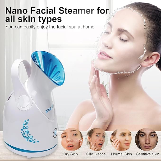 KINLITO Facial Steamer Ionic Face Steamer for Home Facial, Warm Mist Small Facial Steamer for Deep Cleaning Unclog Pores with Blackhead Remover, Aromatherapy Kit for Personal Home SPA (Blue)
