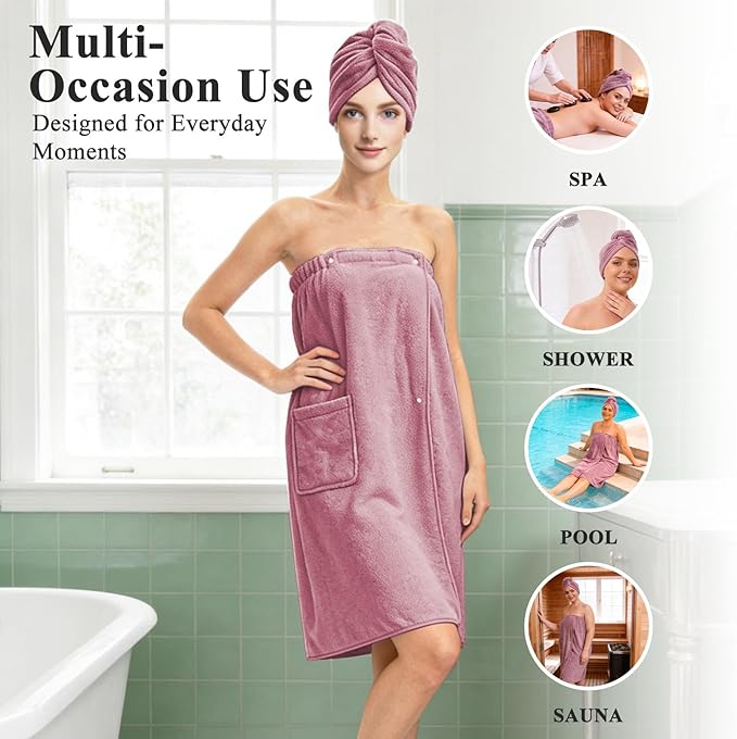 Women’s Adjustable Spa Wrap Towel Set, Microfiber Body Wrap Bathrobe with Matching Hair Towel, Super Absorbent & Quick Dry Shower Wrap for Home, Gym, Pool – Purple(Purple)