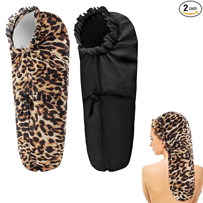 2 Pcs Large Shower Cap for Braids, Extra Long Shower Cap for Women Long Hair & Locs, Waterproof Hair Bonnets for Dreadlocks Drawstring Bath Caps for Women & Men (Black, Leopard)