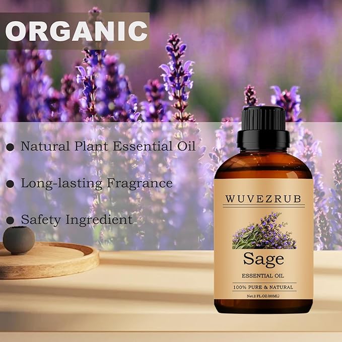 Sage Essential Oils, 60ML Pure and Natural Essential Oil for Aromatherapy Diffuser - Sage /2 Fl Oz