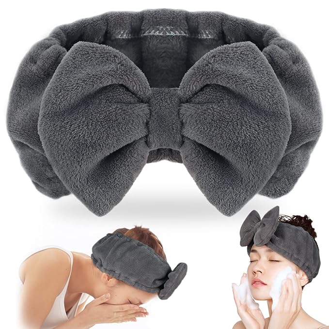 Shintop Makeup Headband Soft Carol Fleece Spa Headband with Cute Bow Elastic Headwear for Washing Face Skincare Facial Mask Showers（Grey）