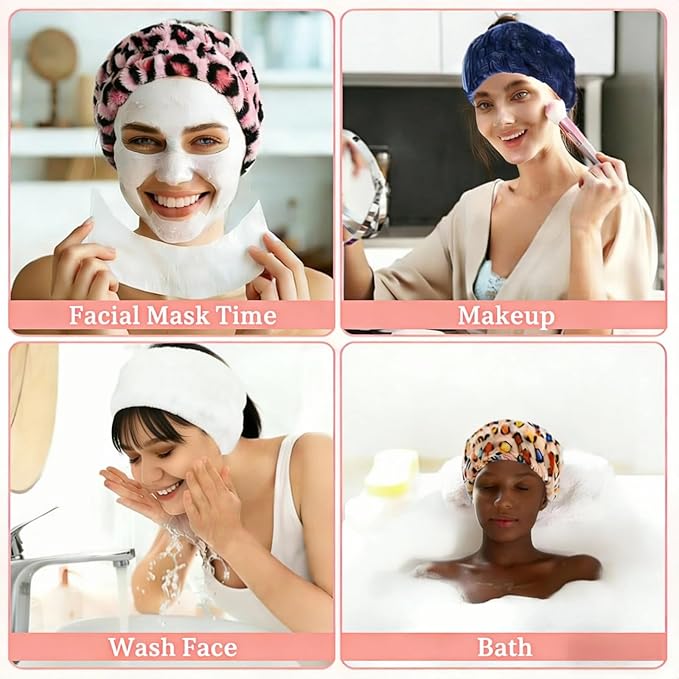 hexiaoxiao 6 Pack Microfiber Spa Headband Elastic Skin-Friendly No Slip Hairband for Women Face Wash Skincare Yoga Makeup Daily Use (Leopard & Polka Dot Patterns)