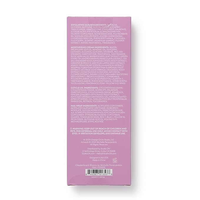 Studio Oh! Hand & Nail Spa Kit, Mini Nail Kit with 22 Nail Wraps, Exfoliating Scrub, Moisturizing Cream, Cuticle Oil & Tools, Girls Spa Kit, Travel Manicure Kit for Women & Girls (Checkerboard Blooms)