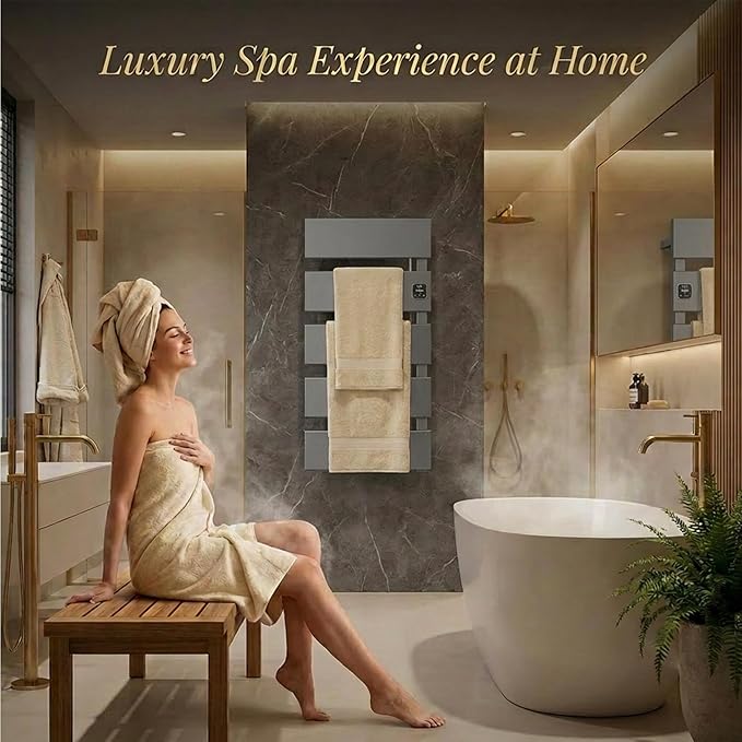 Electric Towel Warmer, Heated Towel Rack with Thermo Control and Timer, Fast Heating Towel Rail for Bathroom with Memroy Function, Work with Smart Plug, Right-Wiring, 5 Panel, Gun Gray