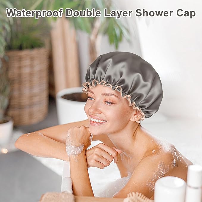 Waterproof Shower Caps for Women, Solid Color Dual-Layer Elastic Band Design Bath Hair Hat, Protects Hair In Shower, Spa, Cooking, Clean & Travel (Grey)