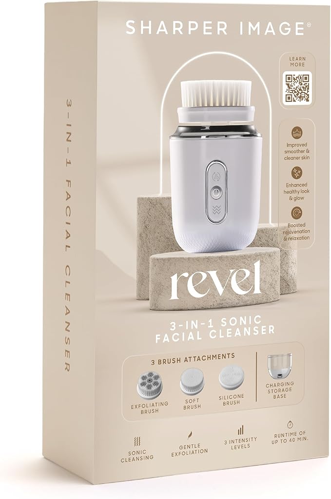Sharper Image Revel 3-in-1 Sonic Facial Cleanser - 15,000 VPM Glow-Boosting Face Brush, Oscillating & Spin Modes, 3 Brush Heads, 3 Speeds, 90-Second Smart Timer, Wireless Charging, Water-Resistant