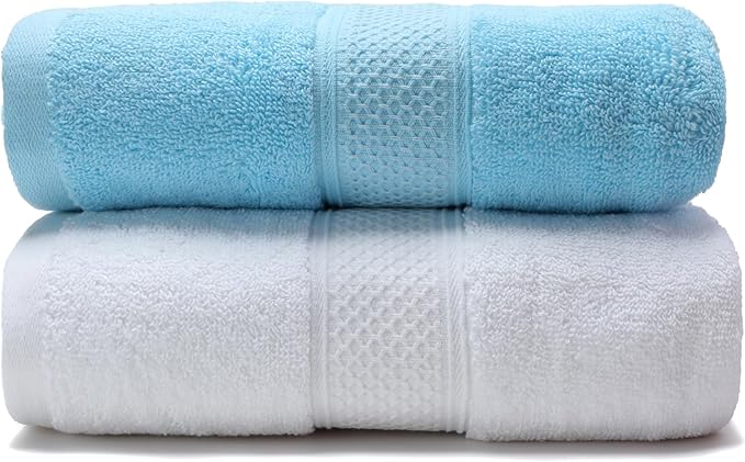Cotton Bath Towels Set, 2-Piece Set(27x55 Inches) Super Absorbent Quick Drying, Soft,Suitable for Bathroom, spas, Gyms,Gift (Sky Blue,White)