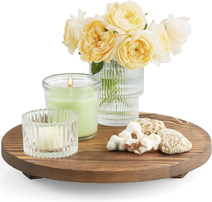 Round Decorative Tray Burnt Wood Bathroom Counter Organizer Pedestal Stand Farmhouse Kitchen Decor Wooden Riser for Soap Dish, Perfume, Candle, Sponge, 10" - Brown