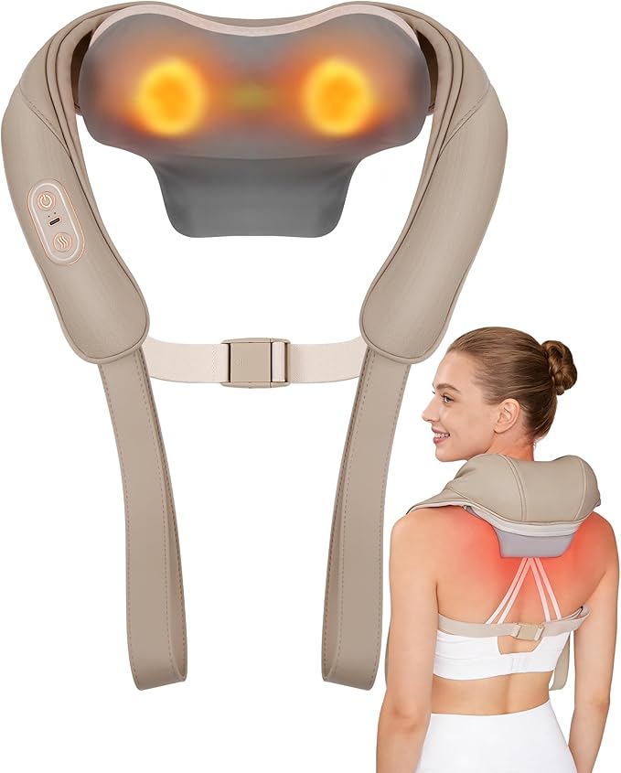 Neck Massager with Heat Cordless: Shiatsu Back Shoulder Massage Tools for Pain Relief Deep Tissue Electric 4D Kneading for Muscle Remedy Lymphatic Drainage Gifts for Men Women Mom Dad (Brown)