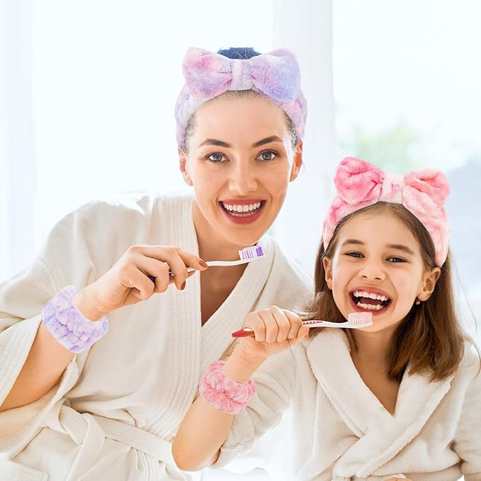 CIEHER 12 PCS Makeup Headband for Women Wrist Washband Scrunchies Cuffs for Washing Face, Soft Bow Hair Band Matching Wristbands, Colorful & White DIY Spa Headband Coral Fleece