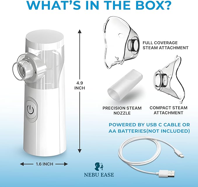 Nebu Ease Portable Facial Steamer & Personal Fine Mist Device – Handheld Rechargeable Mist Unit with Dual Output Levels, Compact Travel Design, Includes Multi-Use Attachments