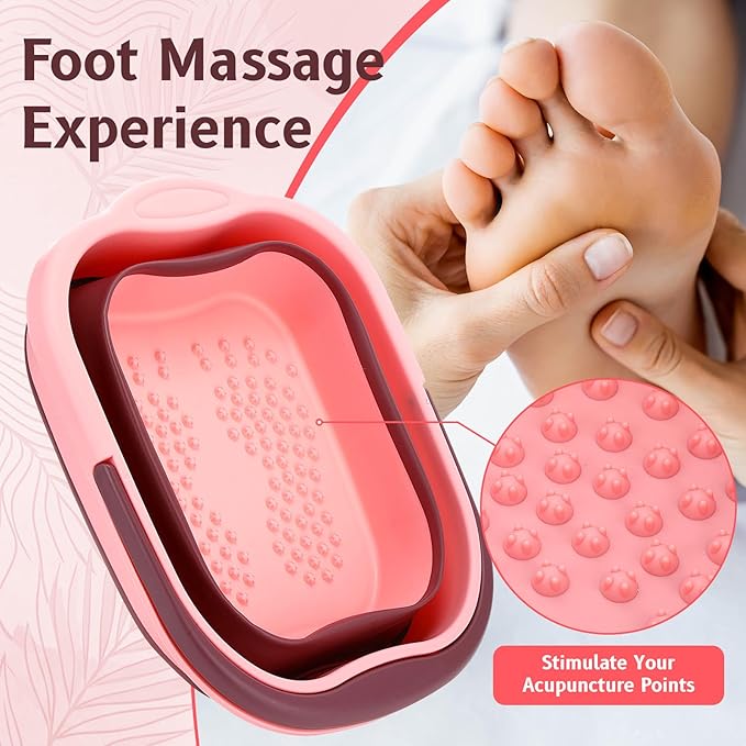 2 Pack Collapsible Foot Bath Plastic Foot Soaking Tub Portable Feet Bucket with Handles and Massage Acupoint for Feet Care Routine Home(Green and Pink)