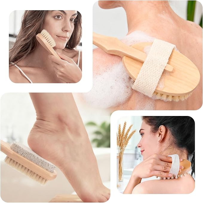 9 Packs Dry Brushing Body Brush Set for Lymphatic Drainage, Cellulite Massager and Scalp Care, Long Handle Dry Brush for Body, Natural Boar Bristle Body Brush Exfoliator