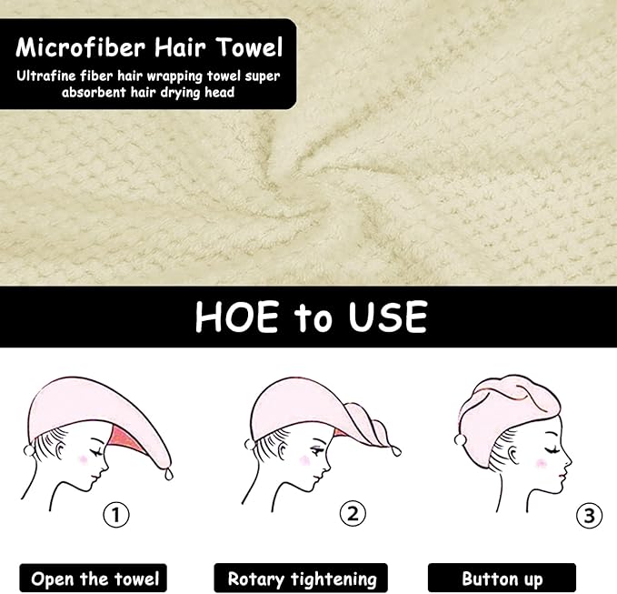 3 Pack Microfiber Hair Towel Wrap for Women, Fast Drying Hair Turban with Button, Anti-Frizz Large Hair Towel for All Hair Styles, Soft & Absorbent Hair Drying Towel(White,Khaki,Grey)