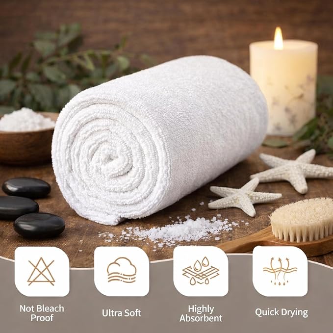 HOME ESSENTIALS Salon Towels (15 x 25 inches) 24 Pack, White Hand Towels for Bathroom, Quick Dry Gym Towels, Spa Face Towel, Absorbent Cotton Towels for Barber, Gym, Bath, Pedicure and Home Hair Care