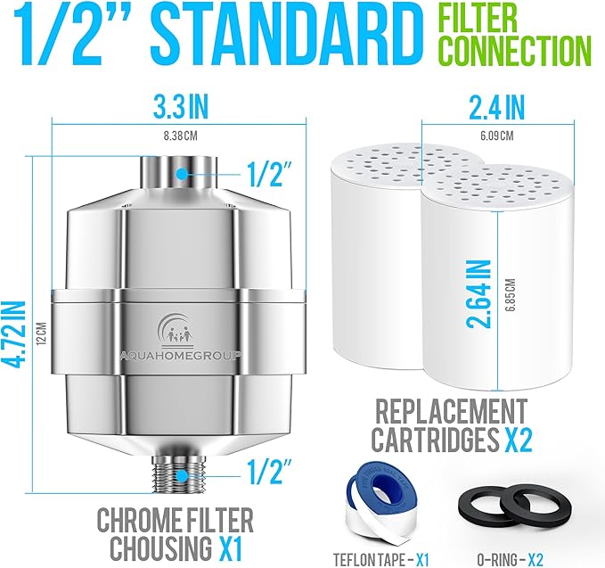 AquaHomeGroup 20 Stage Shower Filter - Reduces Chlorine, Heavy Metals and Sediment - Vitamin C and E - High Output - Universal Fit - Chrome