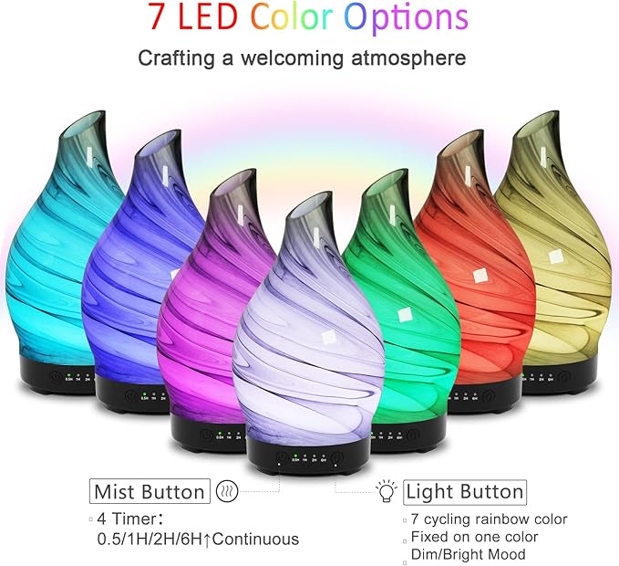 Essential Oil Diffuser 150ML, Glass Aromatherapy Diffuser with 4 Timer Settings & 7 Color Changing Lights, Waterless Auto Shut-Off, Ultra Quiet Oil Diffuser for Home, Office, Yoga, Spa and Sleeping