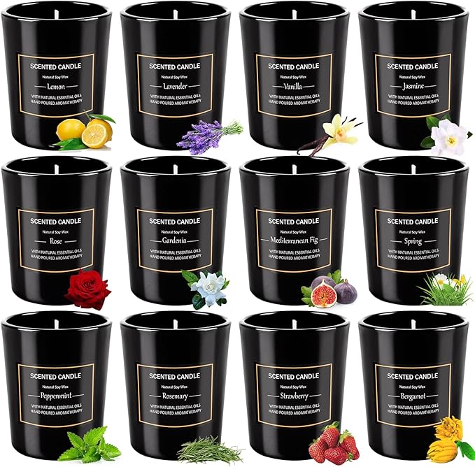 12 Pack Scented Black Candles Gift Set, Natural Soy Wax Aromatherapy Candles for Home, 12 Fragrances, Perfect for Stress Relief, Meditation, Bathroom, Bedroom, Birthday Gifts for Women & Men