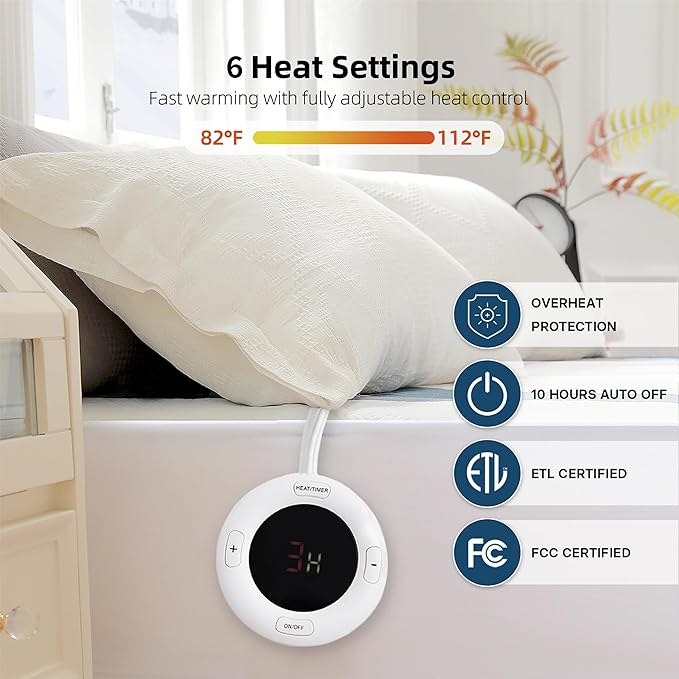 Gotcozy Heated Mattress Pad King Size Dual Control - Electric Mattress Pad Fit up to 15‘’ with 6 Heat Setting & 10 Hour Auto Off ETL Certified Machine Washable(Blue)