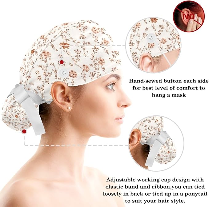 Scrub Caps Women Nursing Hats Floral Flowers with Buttons Ponytail Working Adjustable Pouch Tie Back