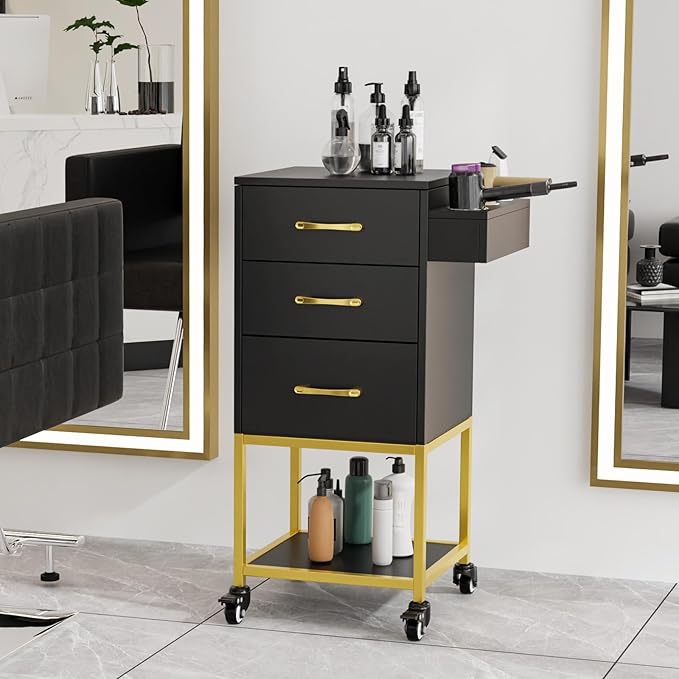 OmySalon Beauty Salon Storage Trolley Cart, Salon Station for Stylist, Wooden Hair Cabinet with Dryer Holder & Drawer, Hairdressing Tools Organizer Equipment for Spa Barbershop Lash Tattoo, Black