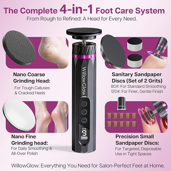 Professional Electric Foot Callus Remover, 9-Speed Cordless Foot File with Reusable Nano Glass Heads & Sandpaper for Dead Skin Removal and Smooth Feet