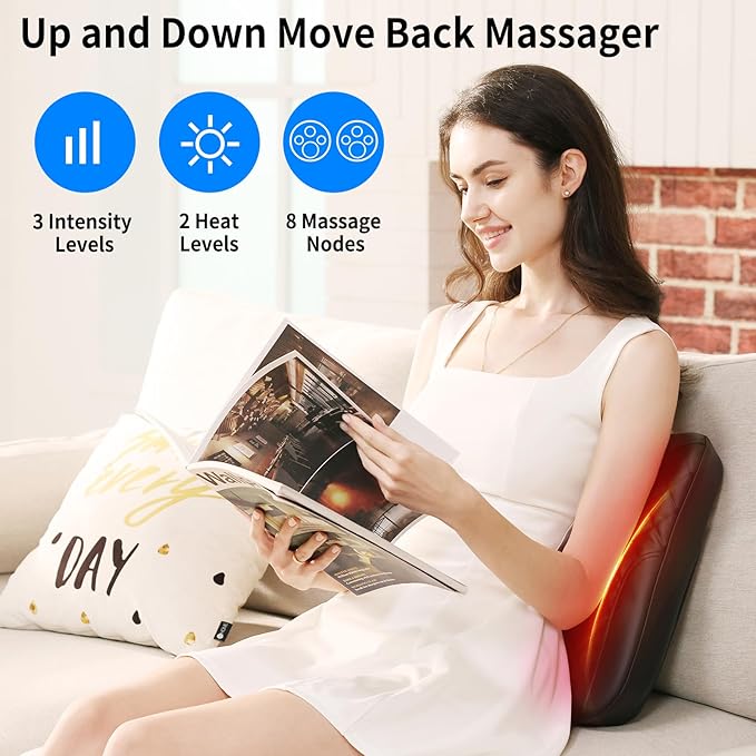 MASGRE Shiatsu Back Massager with Heat, Rolling Up and Down 4D Kneading Massage, Electric Massager for Pain Relief Deep Tissue, Lumbar Lower Back Massager, Gifts for Women Men Mom Dad