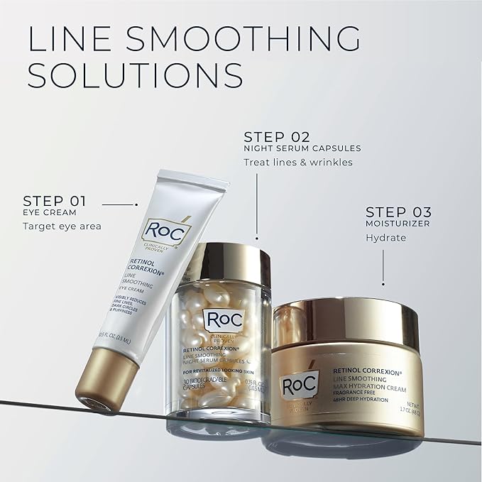 RoC Retinol Correxion Anti-Aging Wrinkle Night Serum, Retinol Serum for Face, Daily Treatment for Fine Lines, Post Acne Scars, 80 Capsules (Limited Edition Value Set), Unscented