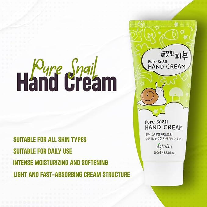 esfolio Pure Skin Snail Hand Cream – Deep Moisturizing & Restoring Hand Lotion with Snail Mucin, Hydrating & Nourishing for Dry Skin – Non-Greasy, Fast Absorbing (3.38 OZ/100ML)