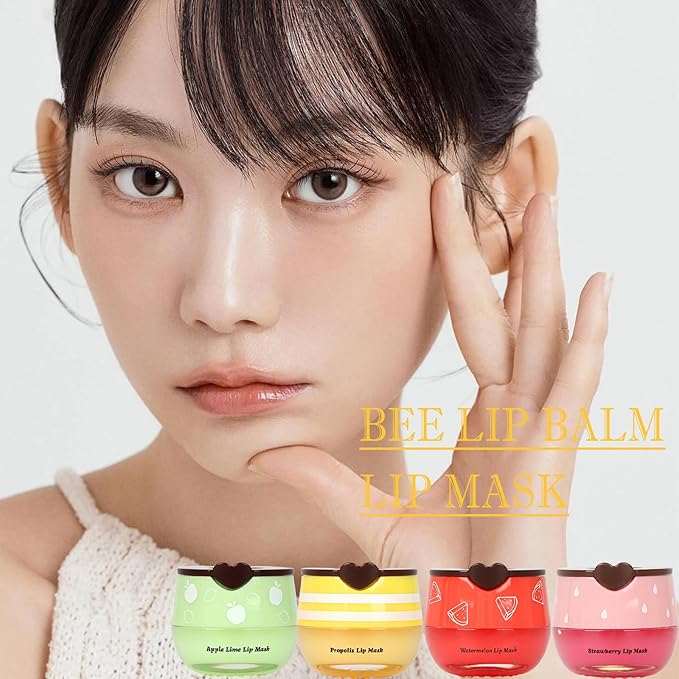 4 PCS Bee Lip Balm Lip Mask Honey Pot, Prevention Lip Dry Set, Strawberry & Watermelon & Apple Lime & Honey Lip Sleeping Mask Moisturizing Lip Balm, Mothers Day Gifts, Teacher Appreciation Gifts