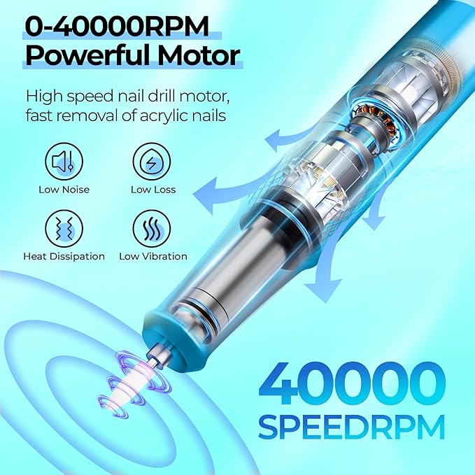 JOSGLOI Electric Nail Drill Professional: 40000RPM Electric Nail File Kit E File Nail Drill Machine with LCD Display for Acrylic Gel Nail, Manicure Pedicure Polishing Nail Grinder for Salon Home Use