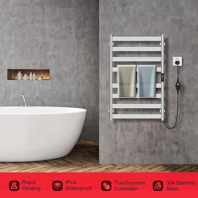 Towel Warmer,304 Stainless Steel Towel Warmer Rack for Bathroom -8 Bars Wall Mounted Towel Heater with Intelligent Touch Screen Timer, Hard Wired/Plug-in, Mirror Polished
