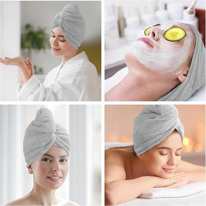 2 Pack Microfiber Hair Towel Wrap for Women Super Absorbent Quick Dry Hair Turban for Drying Curly, Long & Thick Hair 10 inch X 26 inch Lightgrey+SkyBlue