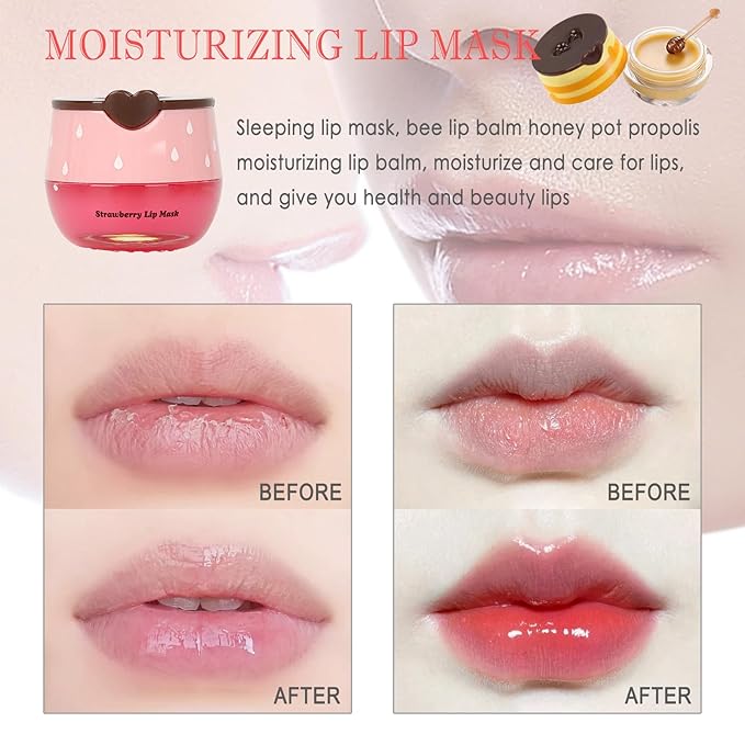 2 PCS Bee Lip Balm Lip Mask Honey Pot, Honey & Strawberry Lip Mask Propolis Moisturizing Lip Balm, Hydrating Prevention Dry & Cracked, Mothers Day Gifts, Teacher Appreciation Gifts, Party Favors