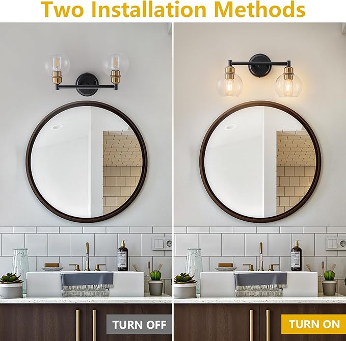 Bathroom Light Fixtures,2-Light Modern Bathroom Vanity Light,Black and Gold Wall Sconce with Clear Glass Globe Shades,Adjustable Brightness Wall Lights for Kitchen,Bedroom,Hallway,Living Room