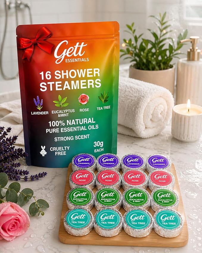GETT Shower Steamers Aromatherapy 16 Pack – Strong Scent, Long Lasting Shower Tablets – Lavender, Eucalyptus, Rose, Tea Tree – Stress Relief & Sinus Relief – Home Spa Gifts for Women, Mother’s Day