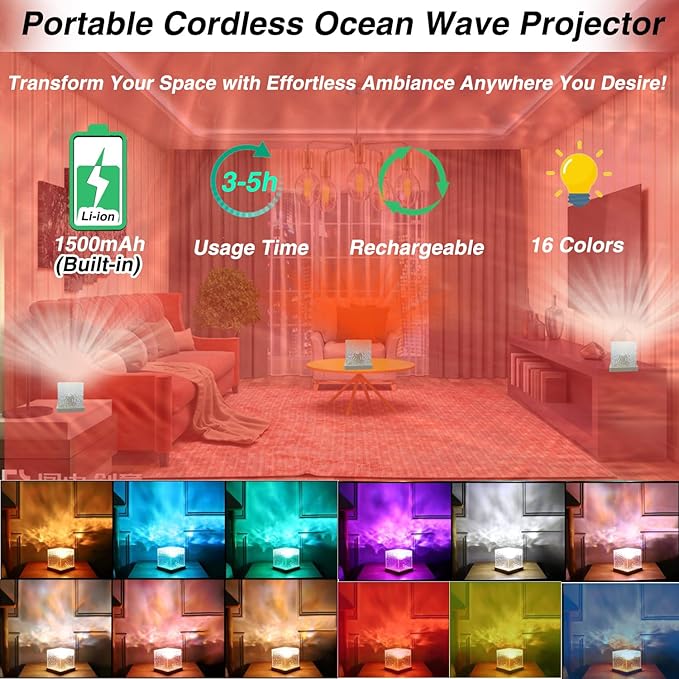 Ocean Wave Projector Light Cordless – Built-in Rechargeable Battery Water Ripple Lamp, 16 Color RGB Ambient Night Light for Bedroom Ceiling, Relaxation Mood Lighting Room Decor
