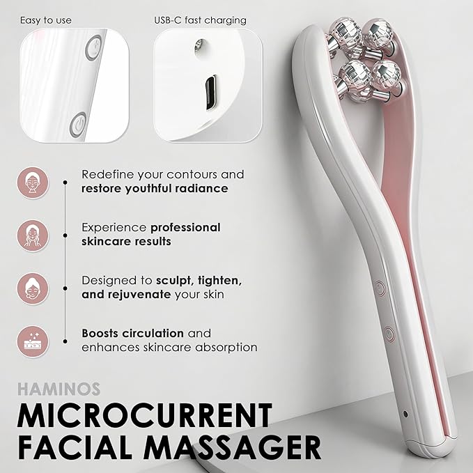 HAMINOS Microcurrent Facial Massager with 3D Roller, 3 Intensity Levels, Lifting & Toning Tool for Face, Leg, Arms & Neck, Gentle Contouring & Skincare Absorption