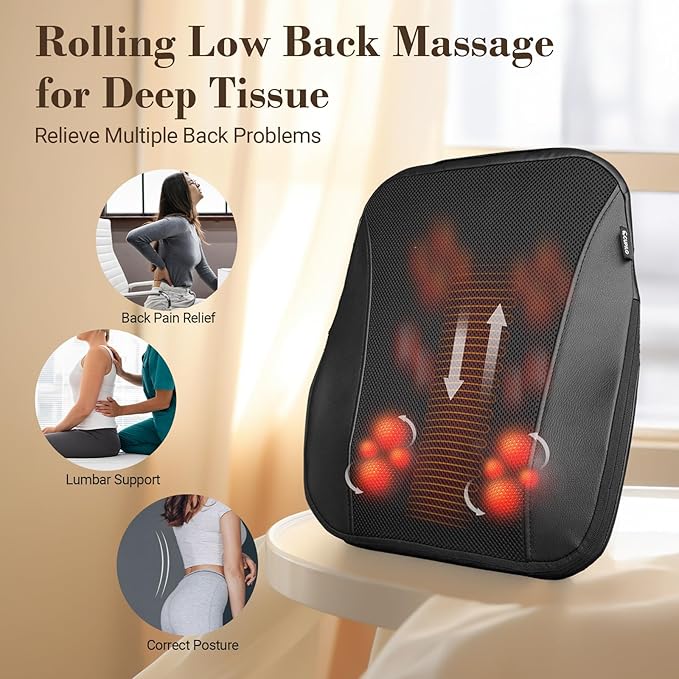 CuPiLo FSA Eligible Cordless Back Massager for Pain Relief Deep Tissue HSA Approved, Up and Down Rolling Low Back Massager with Heat, Portable Shiatsu Lower Back Massage for Home Office