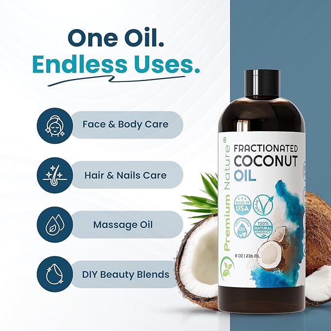 Fractionated Coconut Oil 8 oz - 100% Pure, Lightweight, Odorless and Colorless Liquid Coconut Oil for Skin, Hair, Massage, DIY Beauty and Essential Ois Mixing