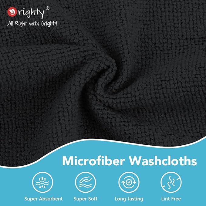 Orighty Washcloths, 5 Pack Microfiber Face Towels, Highly Absorbent and Soft Feel Wash Cloths & Hand Towels for Bathroom, Hotel, Spa, and Gym, 11.5x11.5 Inch, Black
