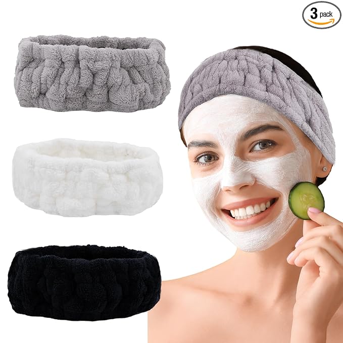 Microfiber Spa Headband 3-Pack, Soft Terry Cloth Headband for Washing Face, Facial Mask, Makeup, Shower, Yoga, Gift for Women and Teens (Black+Light Gray+White)