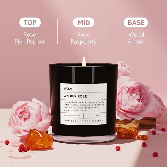 LUMELOOM Amber & Rose Luxury Scented Candles, 9oz Soy Wax Candles for Home Scented, Rose, Wood, Amber Scent, Long Burning Time, Gifts for Women, Men, Nurse, Mothers Day, Teacher