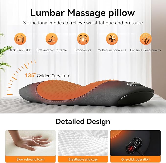 3 in 1 Electric Lumbar Support Pillow with Adjustable Height for Bed and Chair, Back Massager with Heat, Back Massager for Pain Relief Deep Tissue, Electric Lumbar Pillow with Heat Vibration Traction