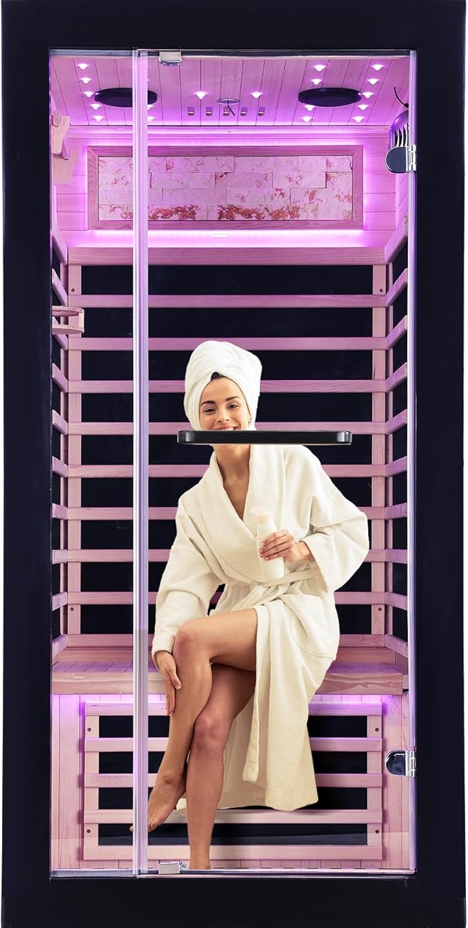 OUTEXER One Person Sauna Far Infrared Saunas Room Canadian Hemlock 1450W Dry Saunas Spa with 7 Starry Sky Light 35.4 * 35.4 * 70.8inch