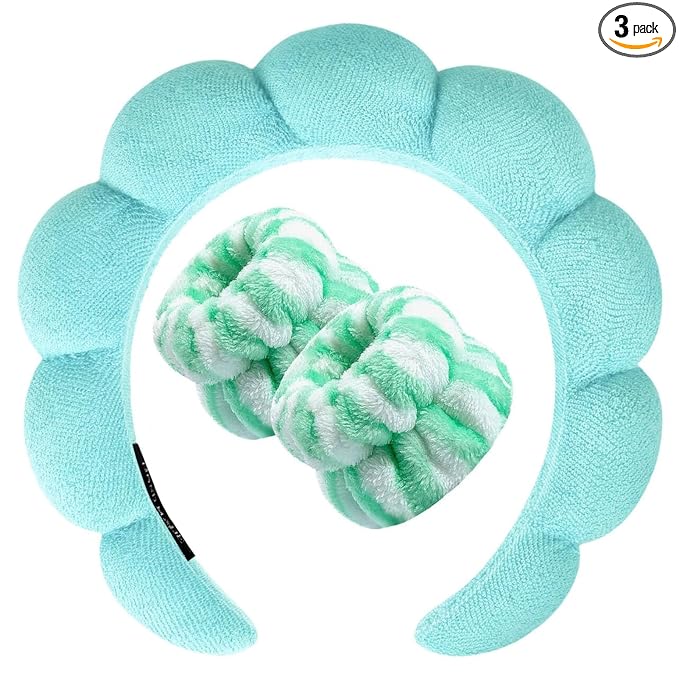 Zkptops Spa Headband for Washing Face Wristband Set Sponge Makeup Skincare Headband Terry Cloth Bubble Soft Get Ready Hairband for Women Puffy Padded Headwear Non Slip Thick Hair Accessory(Turquoise)