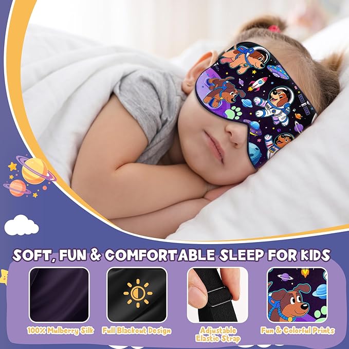 Silk Kids Sleep Mask: 100% Mulberry Silk Eye Mask, Sleeping Masks with Adjustable Strap, Soft & Light-Blocking Printed Kid Eye Cover for Boys Girls Teens Aged 5-15 (Space Dog Theme)