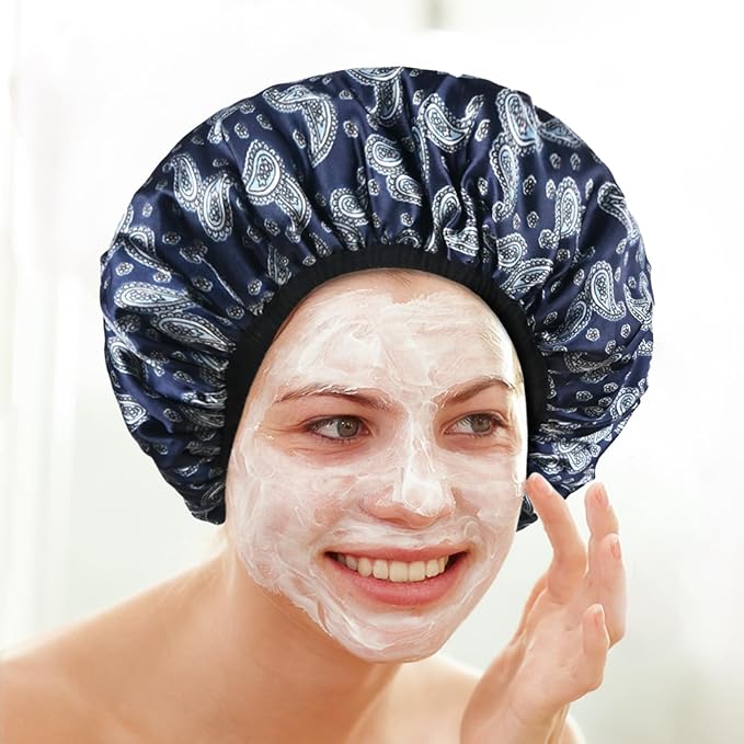 Bandana Satin Shower Cap, Three-Layer Terry Cloth Lined, with Silk Hair Ties, Microfiber Waterproof Reusable Large Size Shower Cap for Women Long Thick Hair (Blue Paisley)