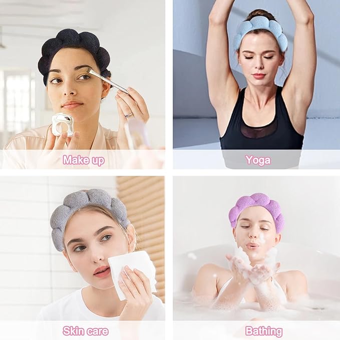 Beleki Spa Headband for Washing Face, Sponge Makeup Skincare Headband & Wristband Set Non Slip Headbands Soft Puffy Headwear Hair Accessories for Women Girls, Black