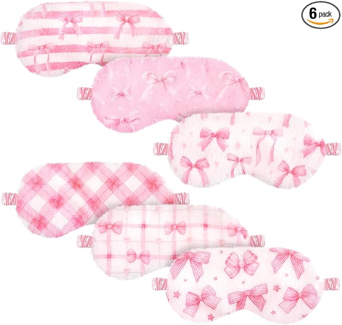Cuffbow 6 Pack Plush Sleep Mask Set, Cute Plush Eye Masks for Sleeping, Soft Comfortable Travel Nap Blindfold, Sleepover Party Favors for Women(Plaid Bow,Pink)
